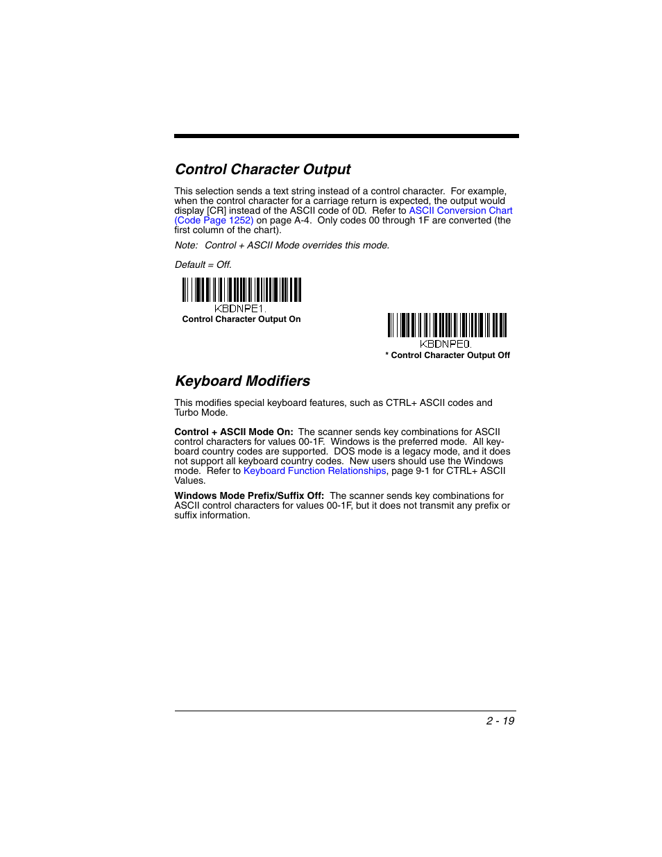 Control character output, Keyboard modifiers | Honeywell XENON 1902 User Manual | Page 53 / 312