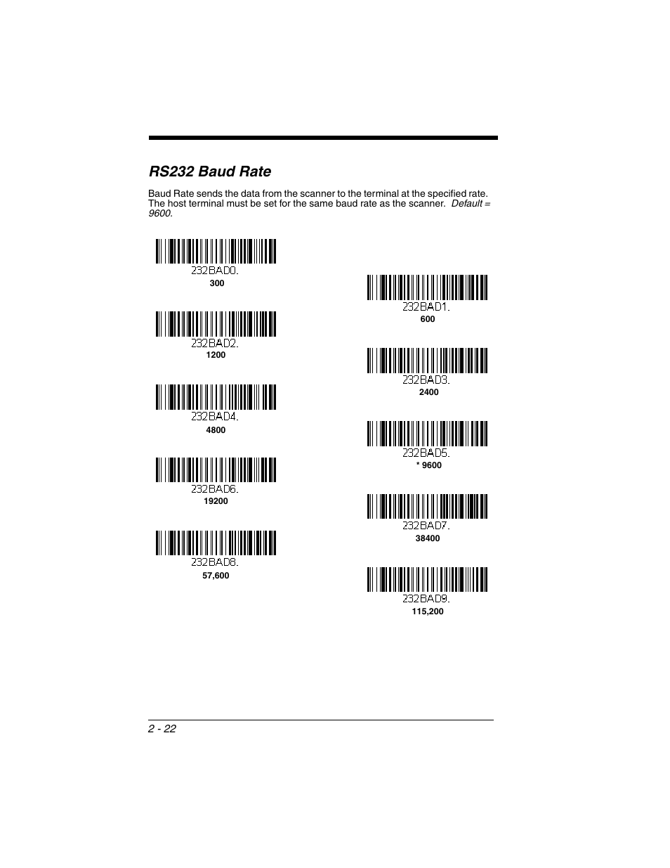 Rs232 baud rate, Rs232 baud rate -22 | Honeywell XENON 1902 User Manual | Page 56 / 312