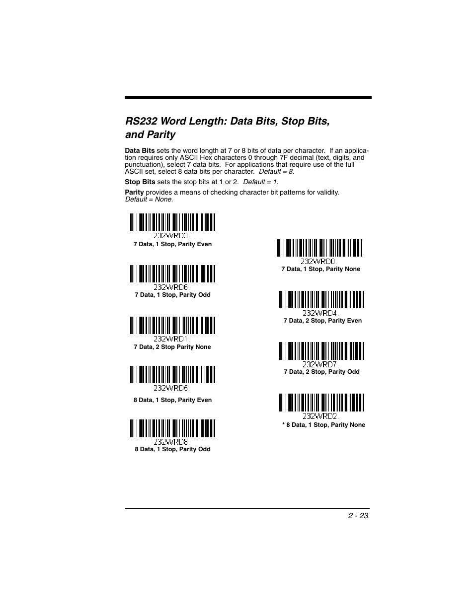 Rs232 word length: data bits, stop bits, And parity -23 | Honeywell XENON 1902 User Manual | Page 57 / 312