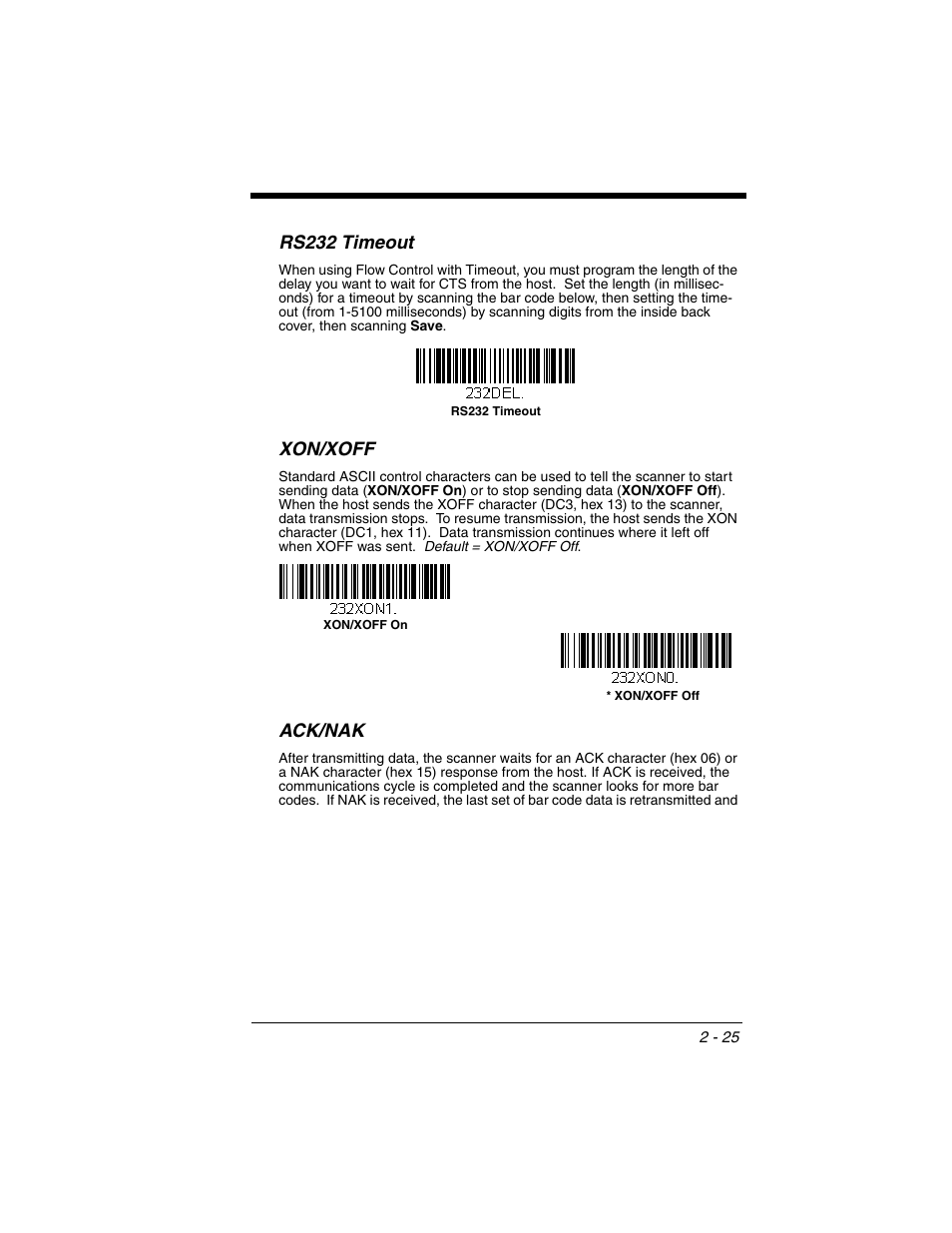 Rs232 timeout, Xon/xoff, Ack/nak | Rs232 timeout -25 xon/xoff -25 ack/nak -25 | Honeywell XENON 1902 User Manual | Page 59 / 312