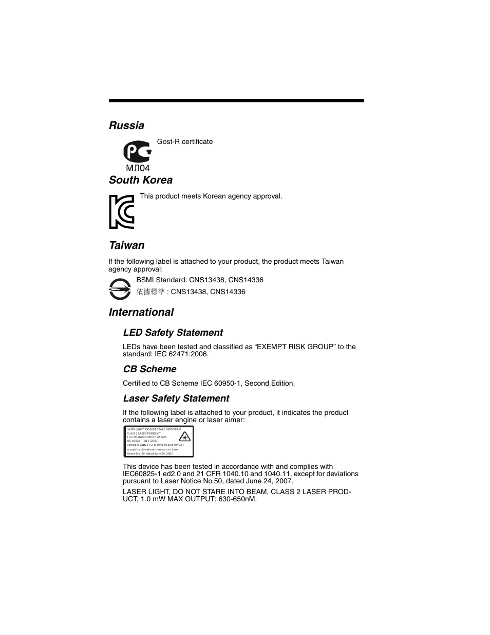Russia, South korea, Taiwan | International, Led safety statement, Cb scheme, Laser safety statement | Honeywell XENON 1902 User Manual | Page 6 / 312