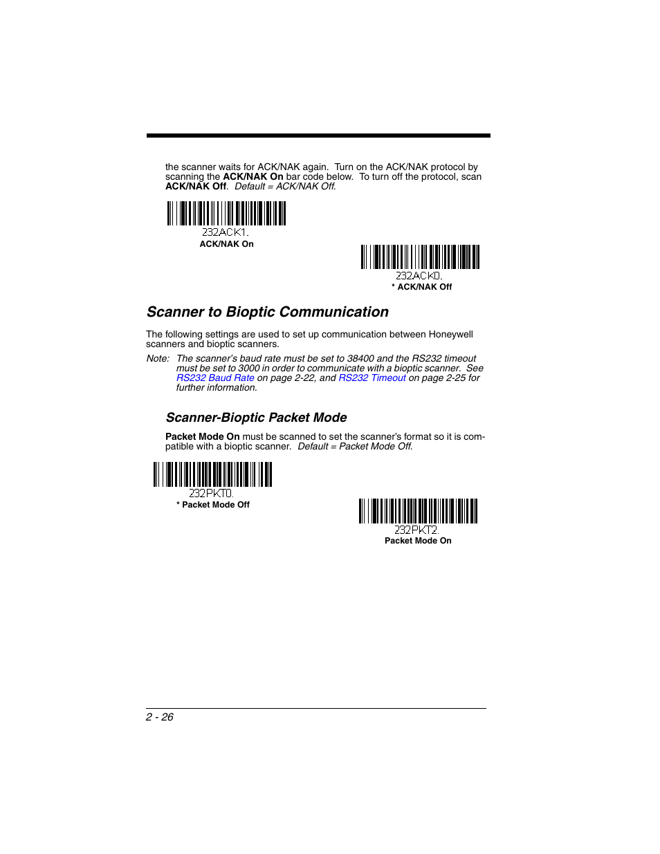Scanner to bioptic communication, Scanner-bioptic packet mode, Scanner to bioptic communication -26 | Scanner-bioptic packet mode -26 | Honeywell XENON 1902 User Manual | Page 60 / 312