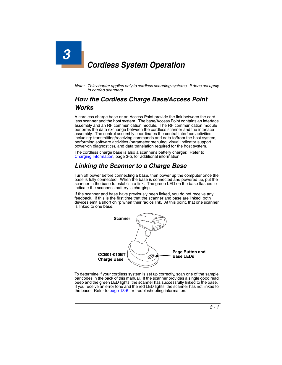 Cordless system operation, How the cordless charge base/access point works, Linking the scanner to a charge base | Chapter 3 - cordless system operation, How the cordless charge base, Access point works -1, Linking the scanner to a charge base -1, Cordless system, Operation | Honeywell XENON 1902 User Manual | Page 63 / 312