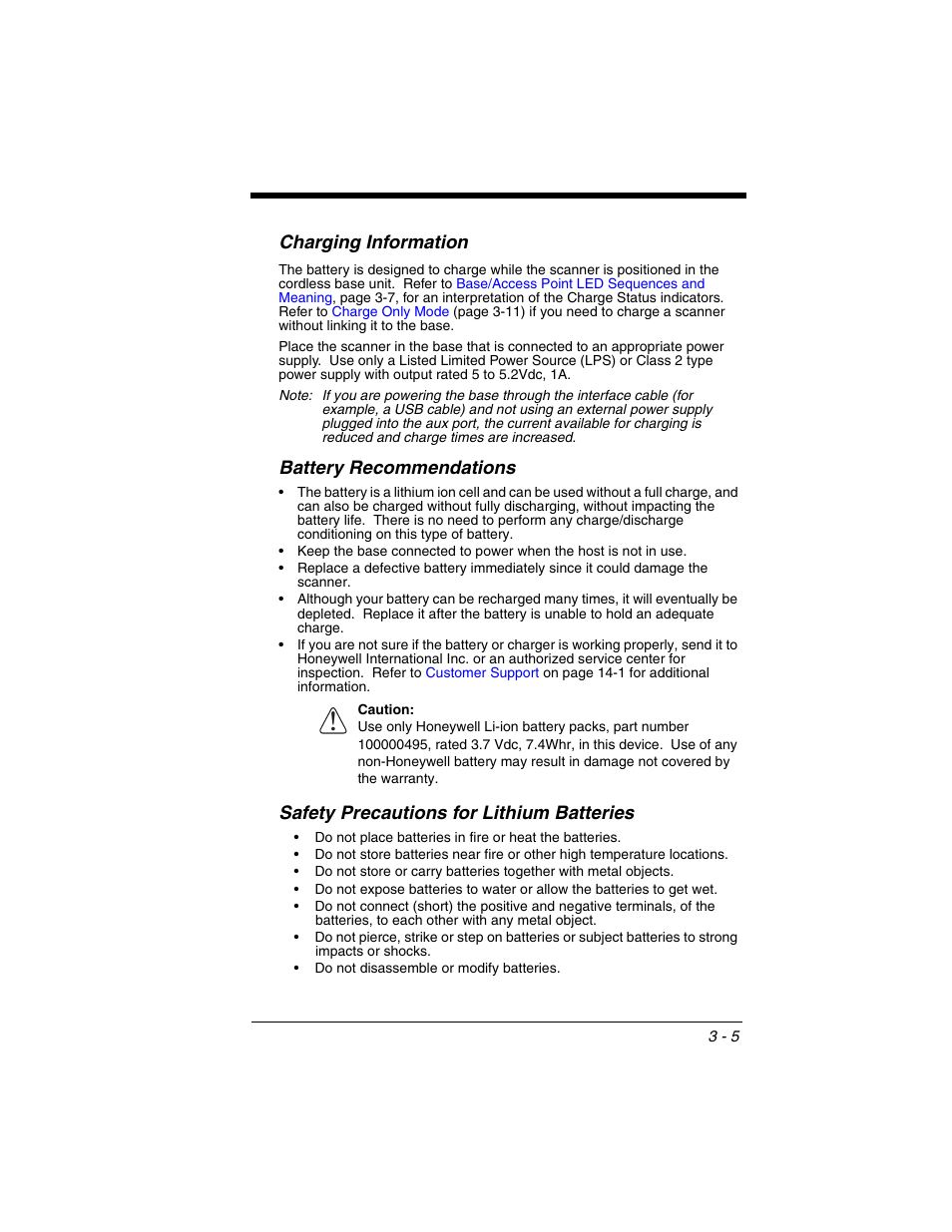 Charging information, Battery recommendations, Charging information -5 battery recommendations -5 | Safety precautions for lithium batteries | Honeywell XENON 1902 User Manual | Page 67 / 312