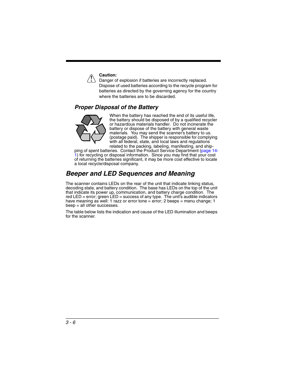 Proper disposal of the battery, Beeper and led sequences and meaning, Proper disposal of the battery -6 | Beeper and led sequences and meaning -6 | Honeywell XENON 1902 User Manual | Page 68 / 312