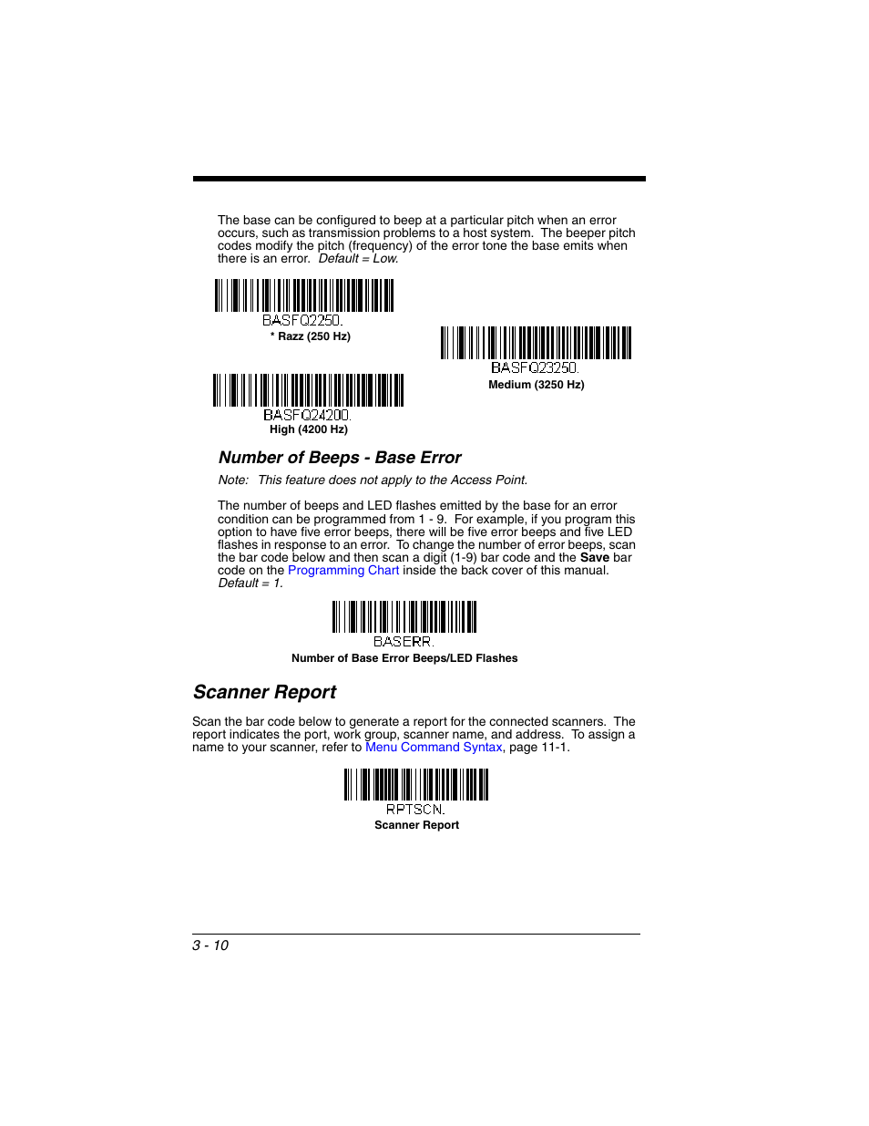 Number of beeps - base error, Scanner report, Number of beeps - base error -10 | Scanner report -10 | Honeywell XENON 1902 User Manual | Page 72 / 312