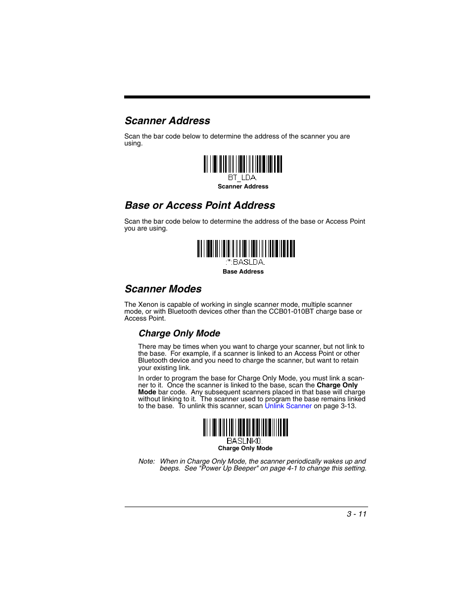 Scanner address, Base or access point address, Scanner modes | Charge only mode, Charge only mode -11 | Honeywell XENON 1902 User Manual | Page 73 / 312