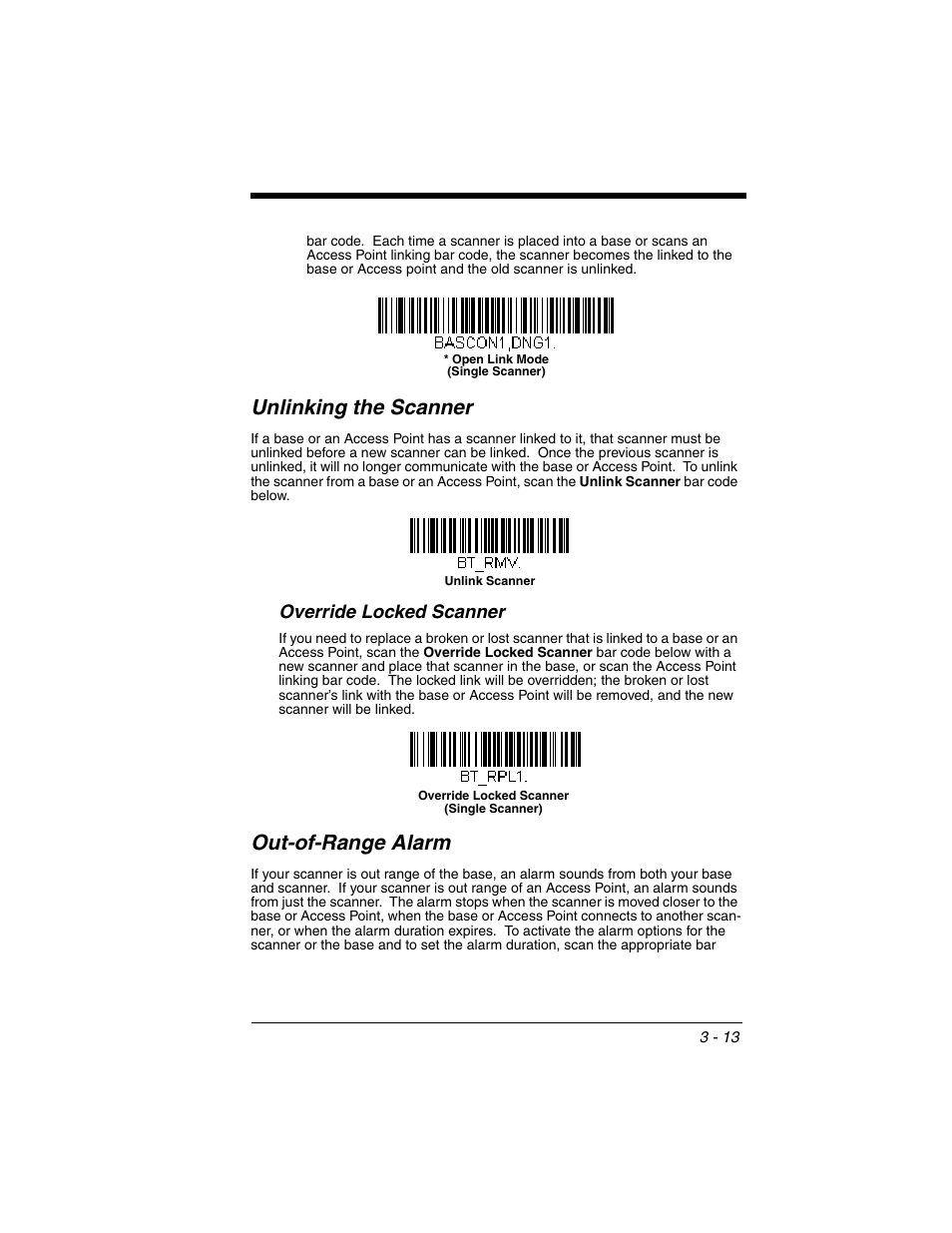 Unlinking the scanner, Override locked scanner, Out-of-range alarm | Unlinking the scanner -13, Override locked scanner -13, Out-of-range alarm -13, R to, Out-of, Range alarm, Scan | Honeywell XENON 1902 User Manual | Page 75 / 312