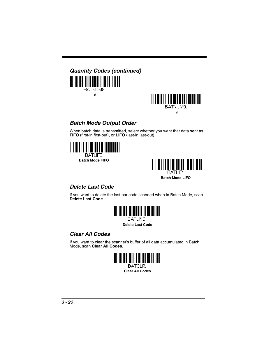 Batch mode output order, Delete last code, Clear all codes | Quantity codes (continued) batch mode output order | Honeywell XENON 1902 User Manual | Page 82 / 312