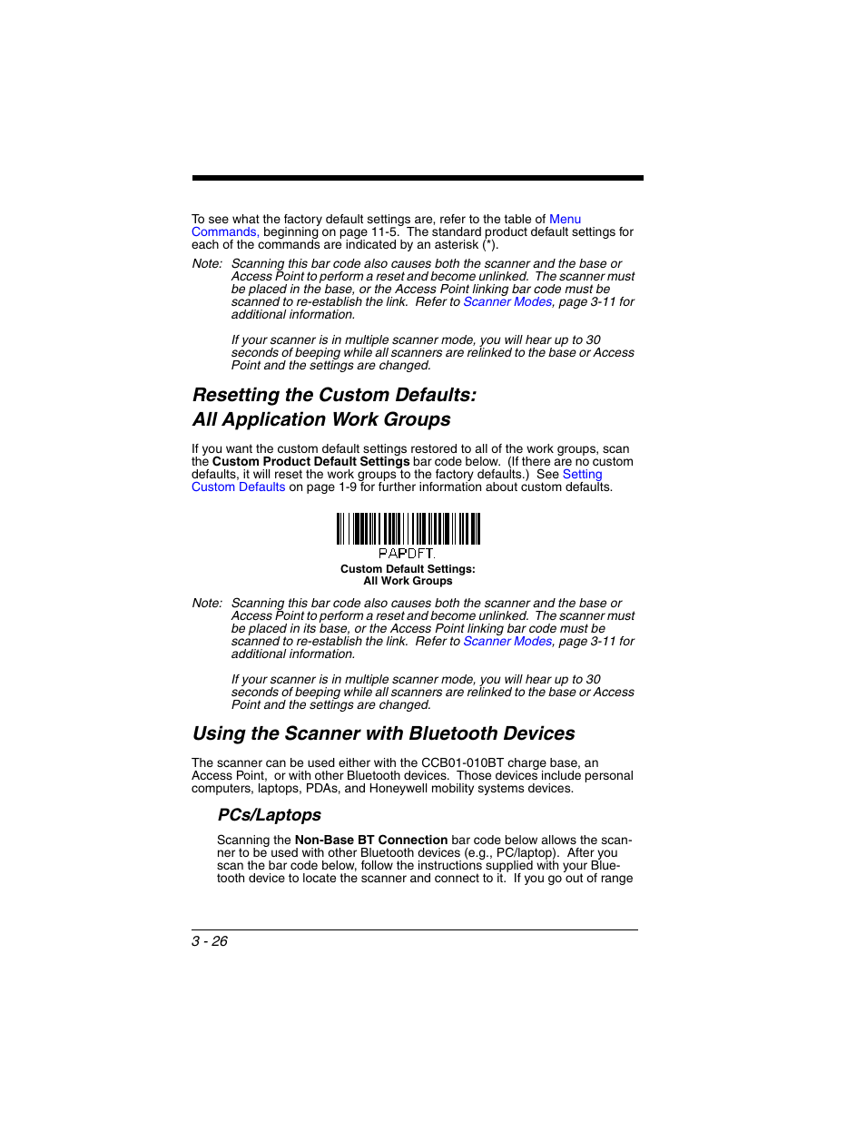 Using the scanner with bluetooth devices, Pcs/laptops, Resetting the custom defaults | All application work groups -26, Using the scanner with bluetooth devices -26, Pcs/laptops -26 | Honeywell XENON 1902 User Manual | Page 88 / 312