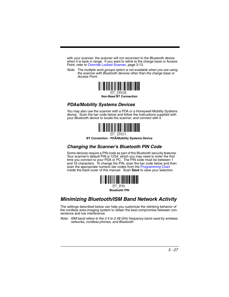 Pdas/mobility systems devices, Changing the scanner’s bluetooth pin code, Minimizing bluetooth/ism band network activity | Minimizing bluetooth/ism band network activity -27 | Honeywell XENON 1902 User Manual | Page 89 / 312