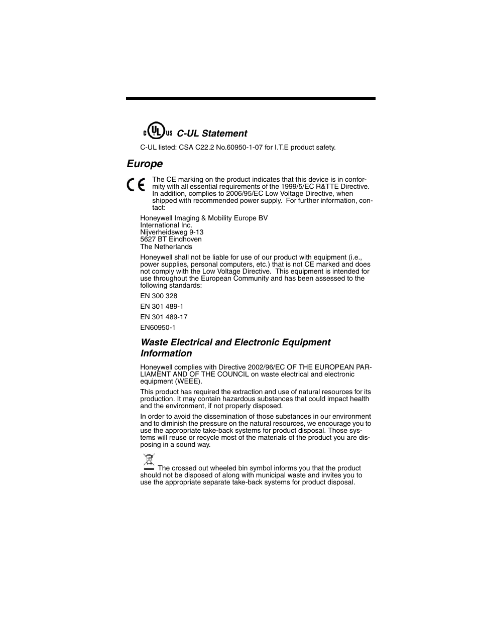 Europe, C-ul statement | Honeywell XENON 1902 User Manual | Page 9 / 312