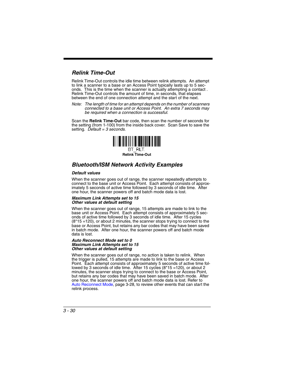 Relink time-out, Bluetooth/ism network activity examples | Honeywell XENON 1902 User Manual | Page 92 / 312