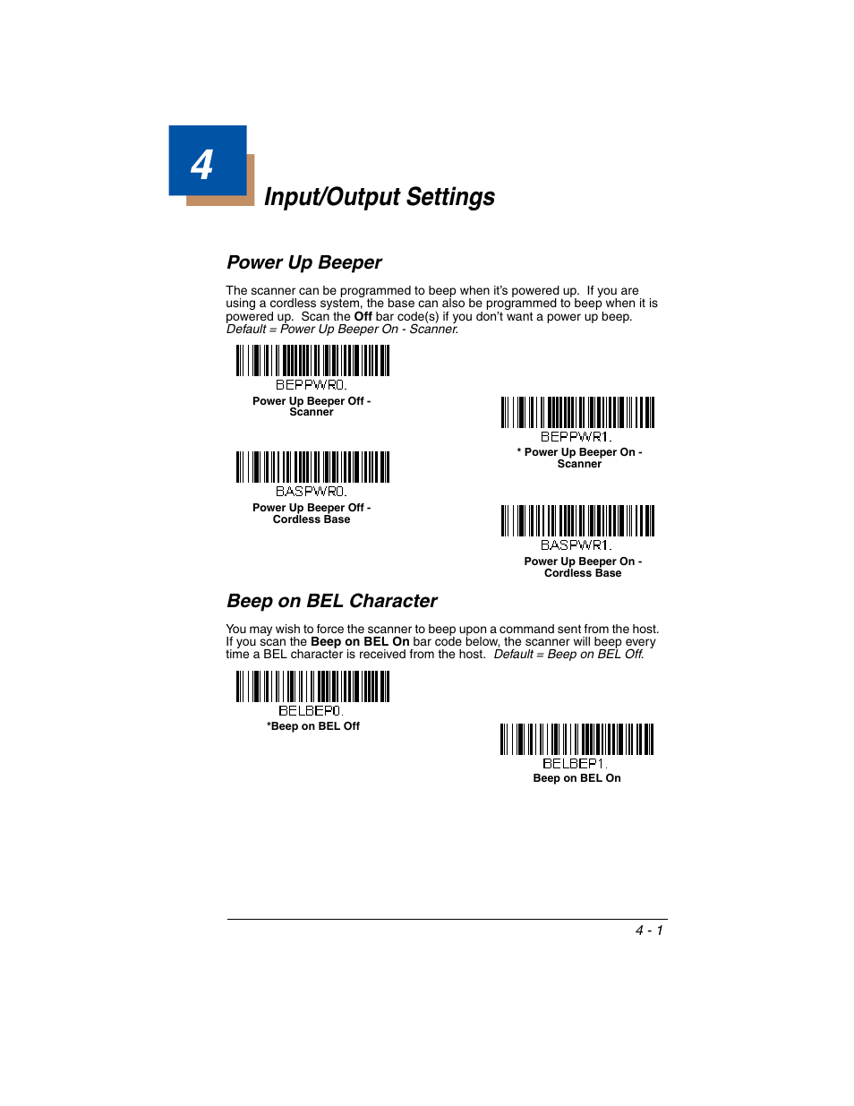 Input/output settings, Power up beeper, Beep on bel character | Chapter 4 - input/output settings, Power up beeper -1 beep on bel character -1 | Honeywell XENON 1902 User Manual | Page 97 / 312