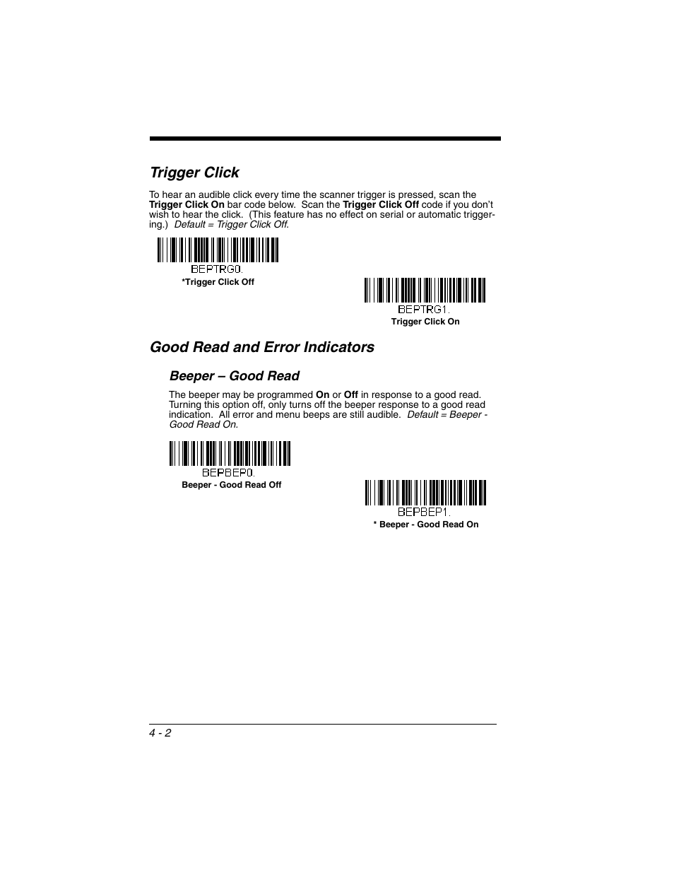 Trigger click, Good read and error indicators, Beeper – good read | Trigger click -2 good read and error indicators -2, Beeper – good read -2 | Honeywell XENON 1902 User Manual | Page 98 / 312