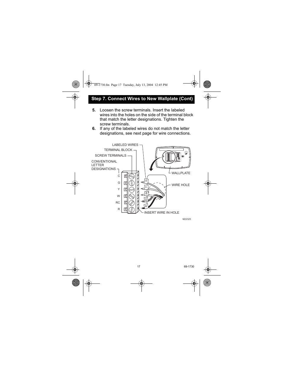 Step 7. connect wires to new wallplate (cont) | Honeywell RTH7500D User Manual | Page 17 / 64