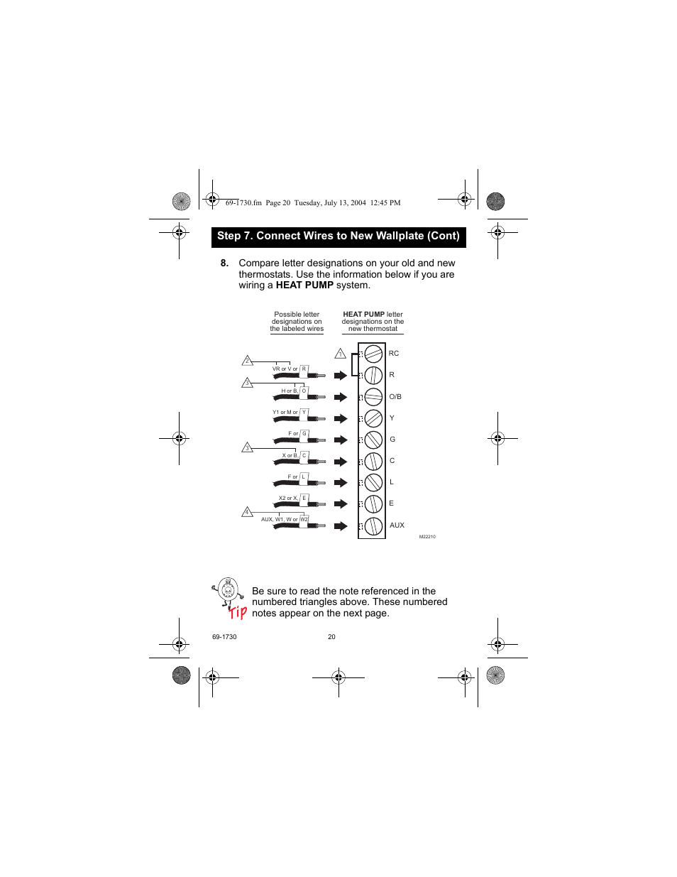Step 7. connect wires to new wallplate (cont) | Honeywell RTH7500D User Manual | Page 20 / 64