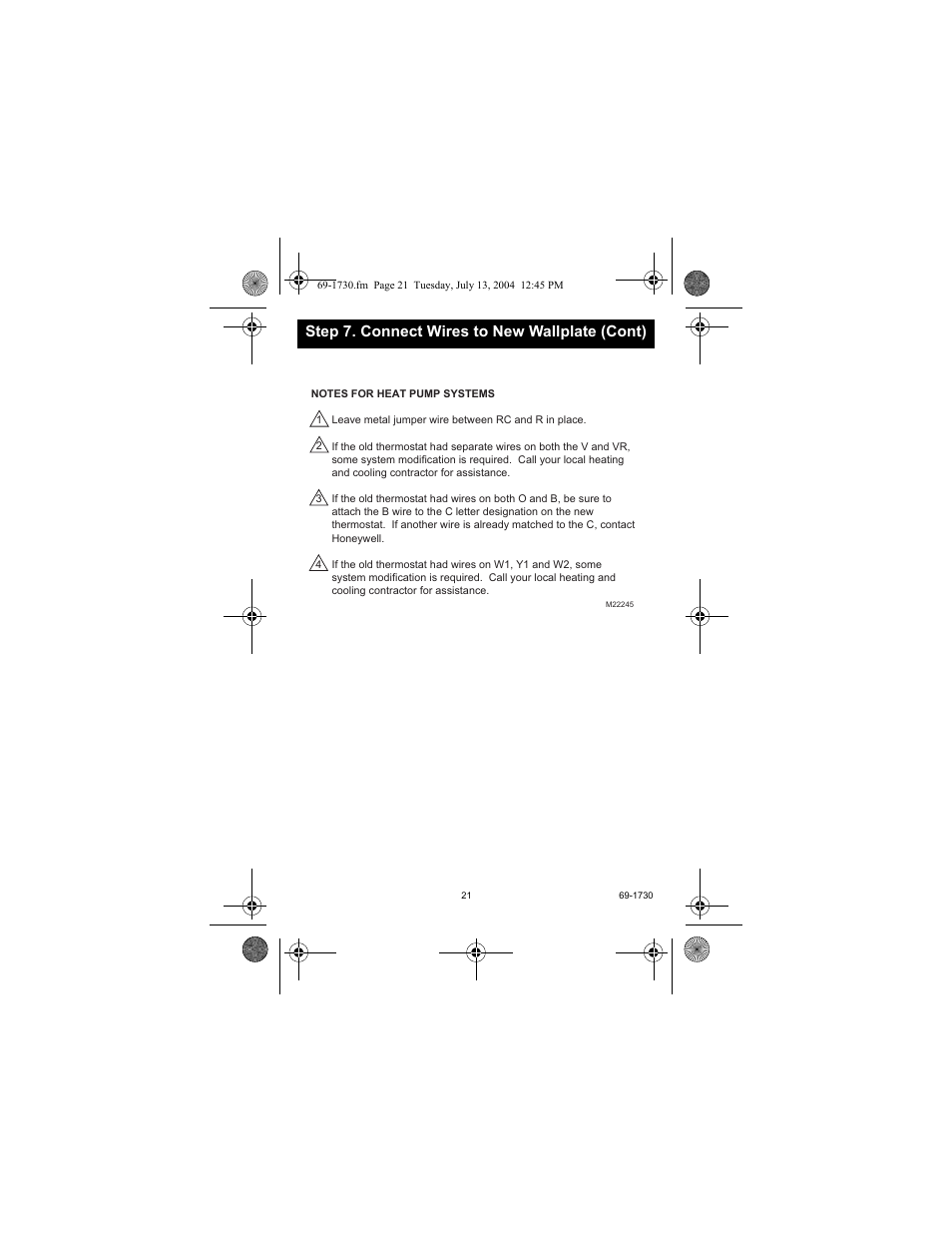 Step 7. connect wires to new wallplate (cont) | Honeywell RTH7500D User Manual | Page 21 / 64