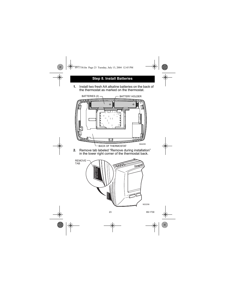 Step 8. install batteries | Honeywell RTH7500D User Manual | Page 23 / 64