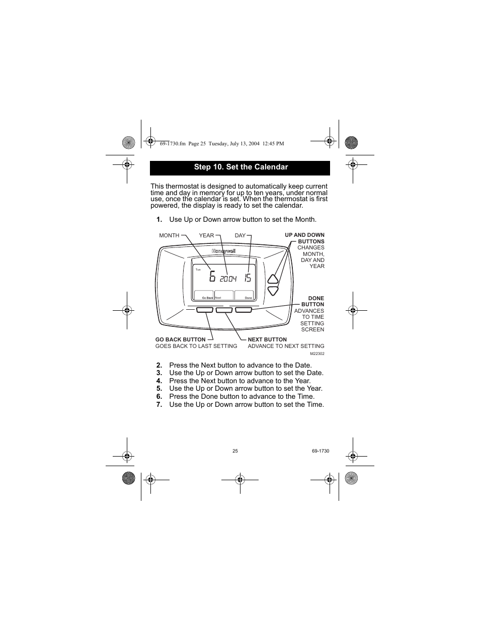 Step 10. set the calendar | Honeywell RTH7500D User Manual | Page 25 / 64