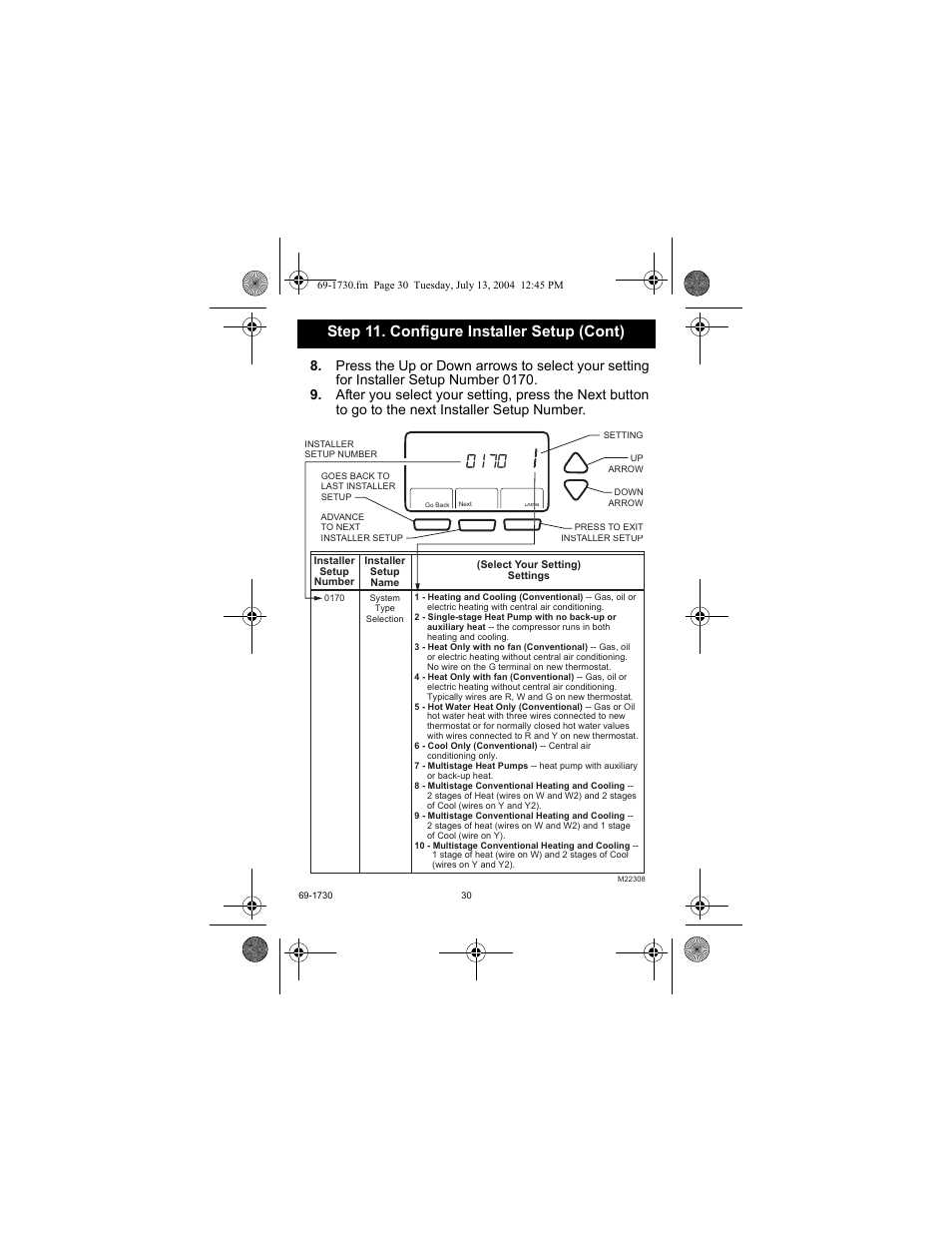 Step 11. configure installer setup (cont) | Honeywell RTH7500D User Manual | Page 30 / 64