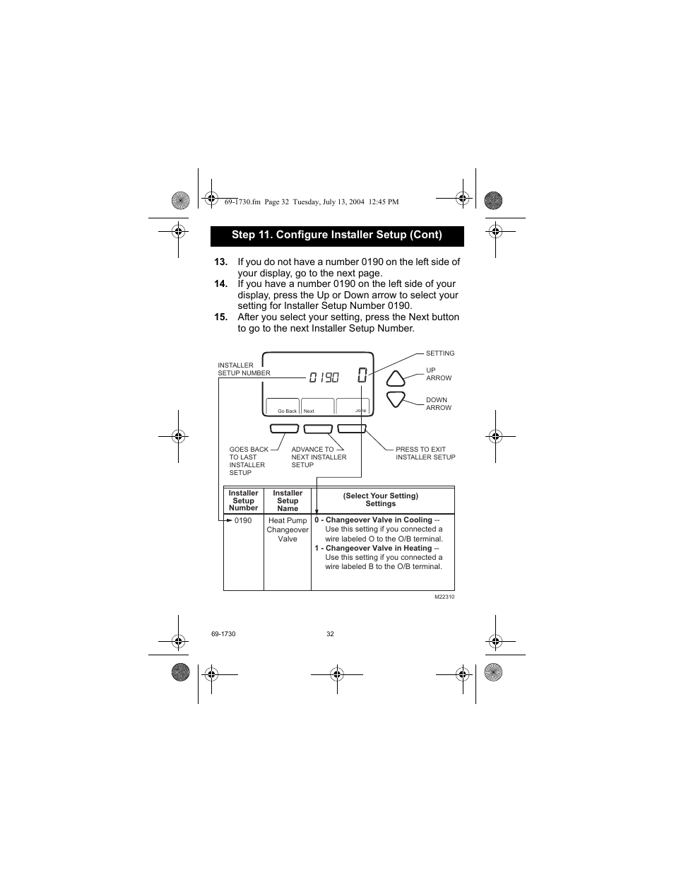 Step 11. configure installer setup (cont) | Honeywell RTH7500D User Manual | Page 32 / 64