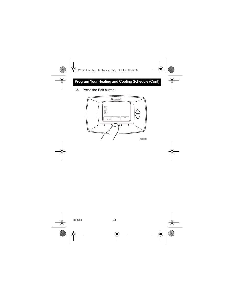 Program your heating and cooling schedule (cont), Press the edit button | Honeywell RTH7500D User Manual | Page 44 / 64