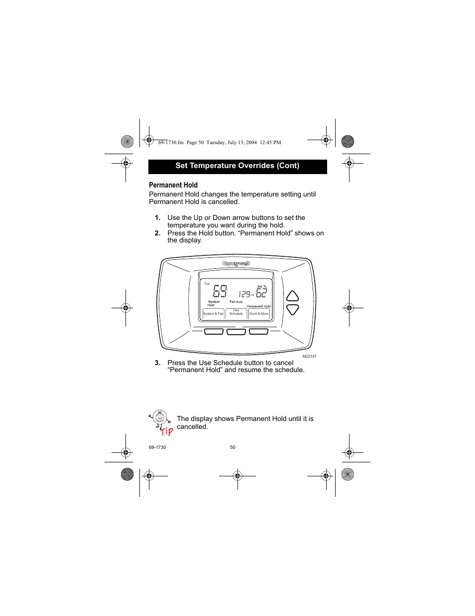 Set temperature overrides (cont) permanent hold | Honeywell RTH7500D User Manual | Page 50 / 64