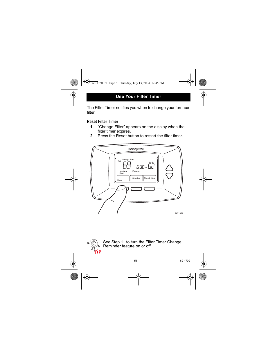 Use your filter timer, Reset filter timer | Honeywell RTH7500D User Manual | Page 51 / 64