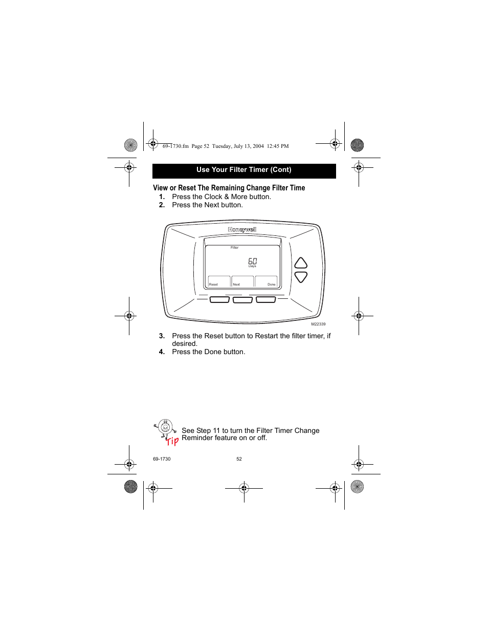 View or reset the remaining change filter time, Use your filter timer (cont) | Honeywell RTH7500D User Manual | Page 52 / 64