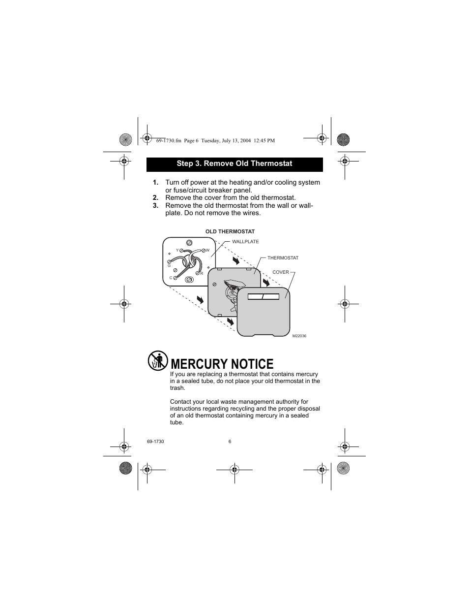 Mercury notice, Step 3. remove old thermostat | Honeywell RTH7500D User Manual | Page 6 / 64