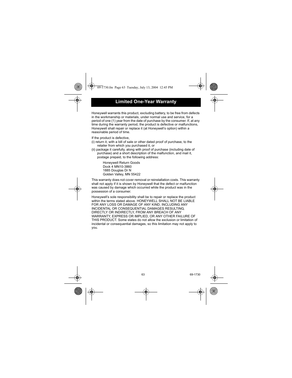 Limited one-year warranty | Honeywell RTH7500D User Manual | Page 63 / 64