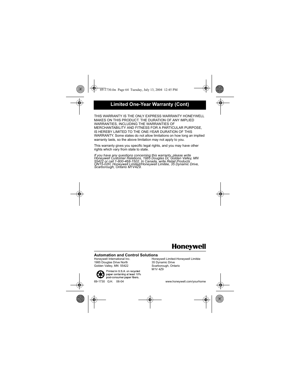 Limited one-year warranty (cont) | Honeywell RTH7500D User Manual | Page 64 / 64