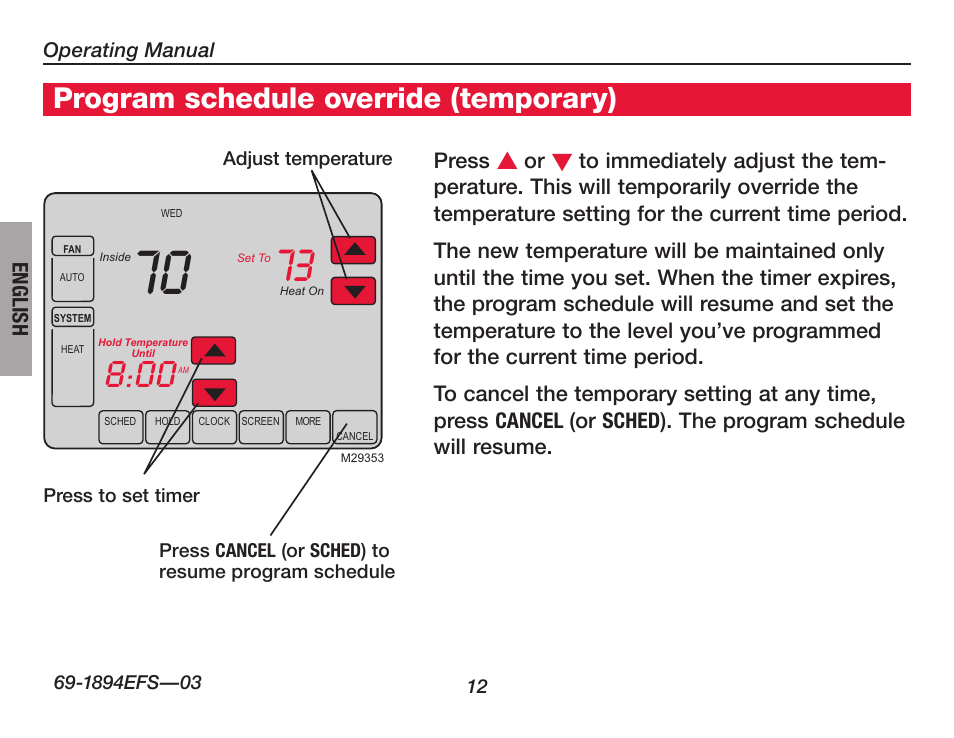 Program schedule override (temporary) | Honeywell VisionPRO  TH8000 Series User Manual | Page 14 / 96