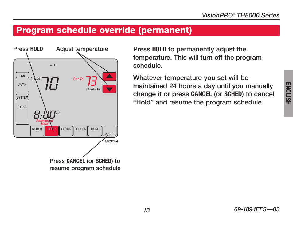 Program schedule override (permanent) | Honeywell VisionPRO  TH8000 Series User Manual | Page 15 / 96