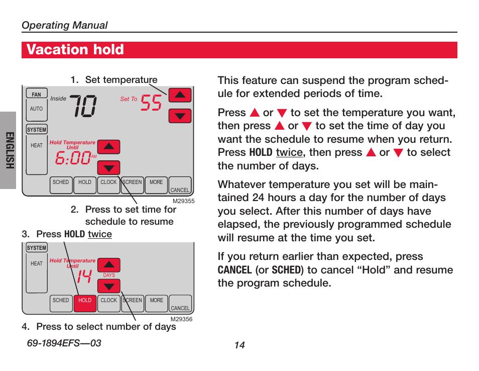 Vacation hold | Honeywell VisionPRO  TH8000 Series User Manual | Page 16 / 96