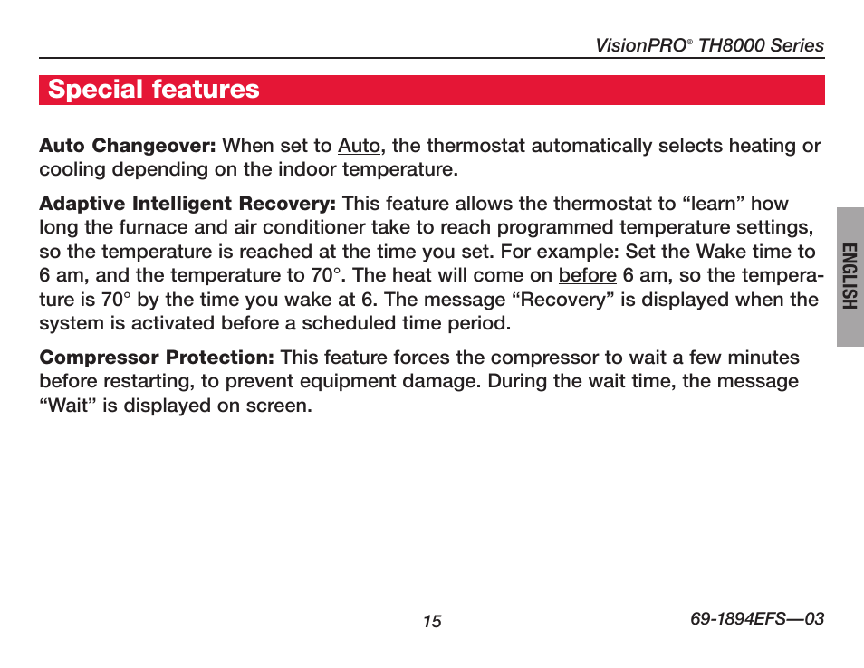 Special features | Honeywell VisionPRO  TH8000 Series User Manual | Page 17 / 96