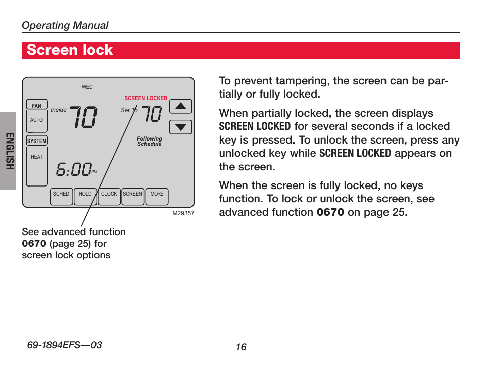 Screen lock | Honeywell VisionPRO  TH8000 Series User Manual | Page 18 / 96