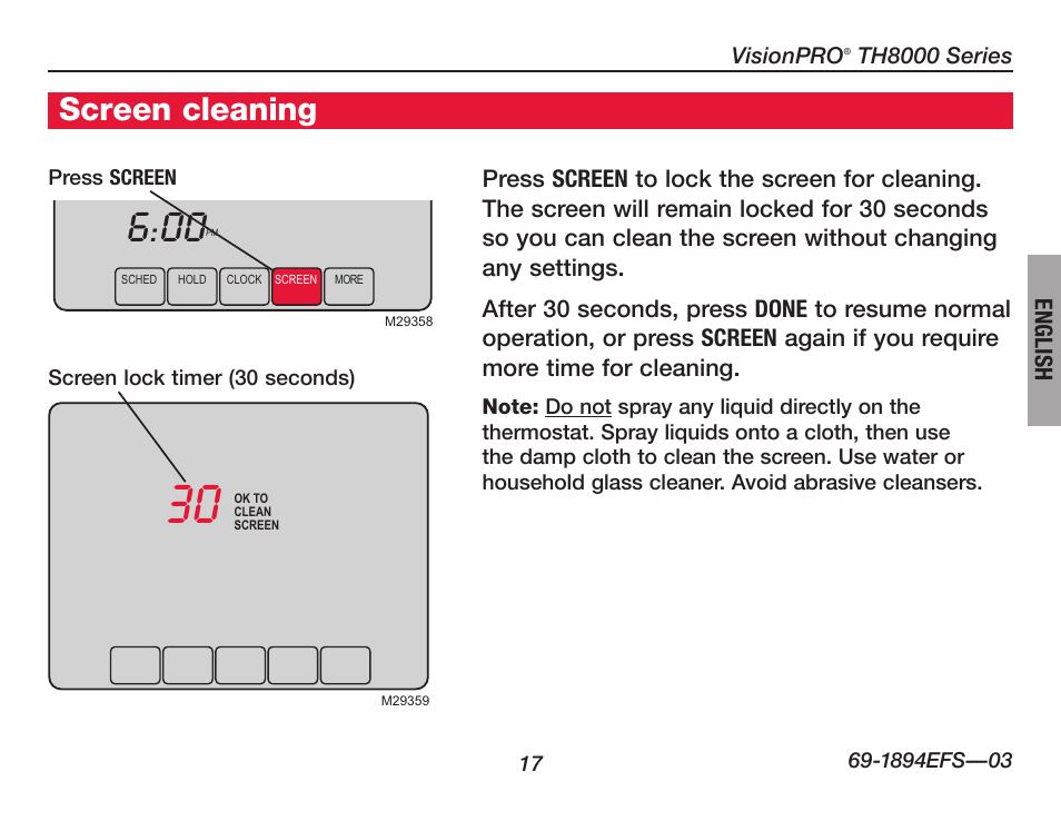 Screen cleaning | Honeywell VisionPRO  TH8000 Series User Manual | Page 19 / 96