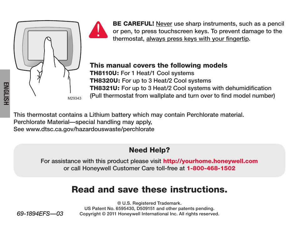 Read and save these instructions | Honeywell VisionPRO  TH8000 Series User Manual | Page 2 / 96