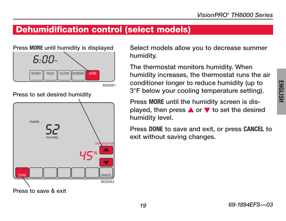 About your new thermostat, Dehumidification control (select models) | Honeywell VisionPRO  TH8000 Series User Manual | Page 21 / 96