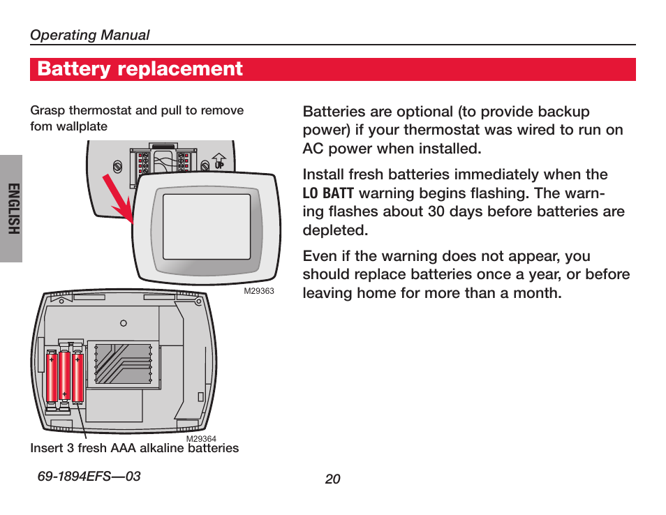 About your new thermostat, Battery replacement | Honeywell VisionPRO  TH8000 Series User Manual | Page 22 / 96
