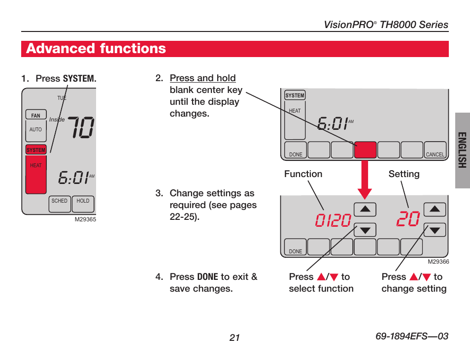 About your new thermostat, Advanced functions | Honeywell VisionPRO  TH8000 Series User Manual | Page 23 / 96