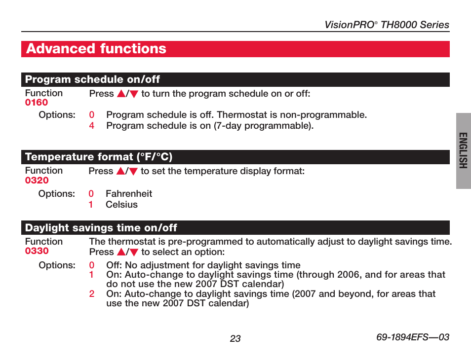 Advanced functions | Honeywell VisionPRO  TH8000 Series User Manual | Page 25 / 96