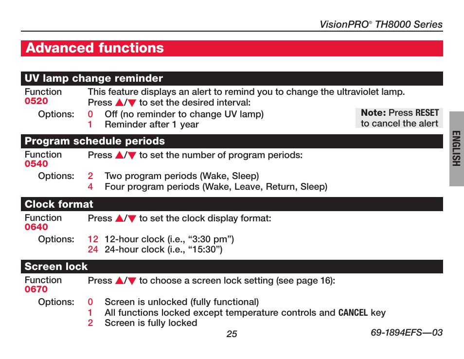 Advanced functions | Honeywell VisionPRO  TH8000 Series User Manual | Page 27 / 96