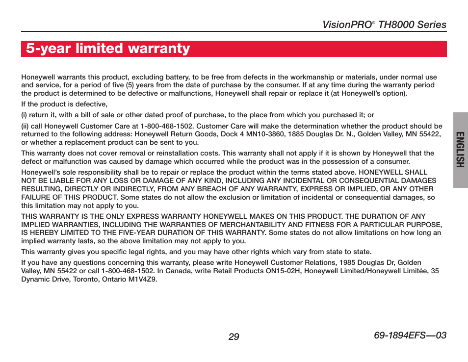Year limited warranty, English, Visionpro | Th8000 series | Honeywell VisionPRO  TH8000 Series User Manual | Page 31 / 96