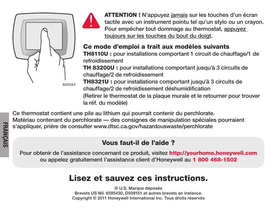 Lisez et sauvez ces instructions | Honeywell VisionPRO  TH8000 Series User Manual | Page 34 / 96