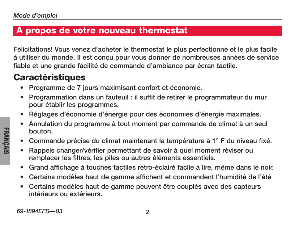 À propos du thermostat, Caractéristiques, À propos de votre nouveau thermostat | Honeywell VisionPRO  TH8000 Series User Manual | Page 36 / 96