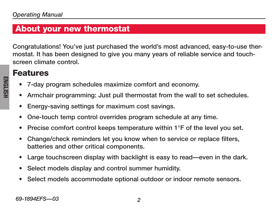 About your new thermostat, Features | Honeywell VisionPRO  TH8000 Series User Manual | Page 4 / 96