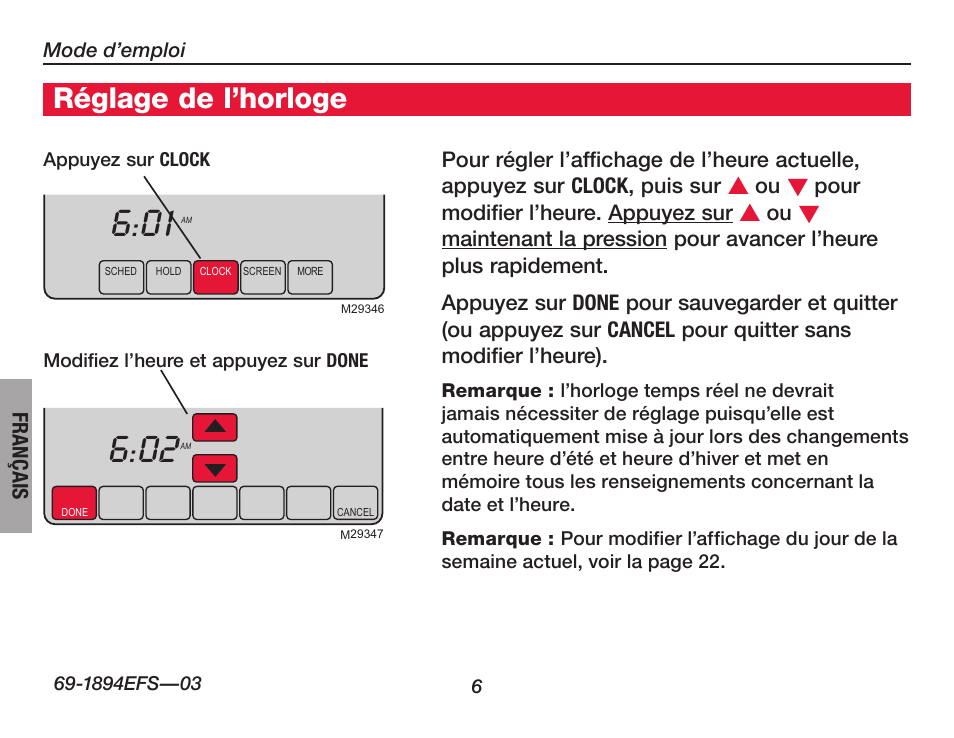 À propos du thermostat, Réglage de l’horloge | Honeywell VisionPRO  TH8000 Series User Manual | Page 40 / 96